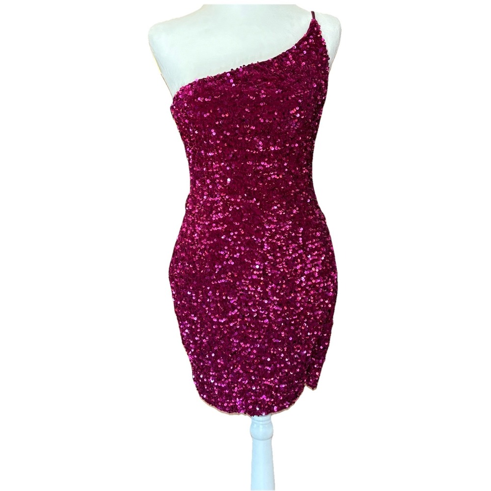 Crystal Dawn Dress   Pink Sequin One Shoulder Bodycon Y2K Style Party Size M